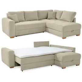 luma-home Dauerschlaf-Ecksofa Boxspring Federkern-Couch Topper Bettkasten, Cord Beige Grau