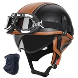 YHQUDGWT Halbschalenhelm mit ECE, Retro Motorradhelm mit Schnellverschlussschnalle, Versteckte Schutzbrille, ABS-Schale, für Erwachsene Männer und Frauen, Chopper, Scooter, Moped