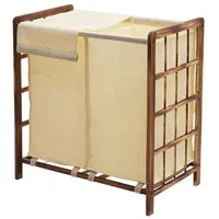 MCW Wäschesammler MCW-B60, Laundry Wäschebox Wäschekorb, Massiv-Holz 2 Fächer 60x60x33cm 68l ~ braun, Bezug creme