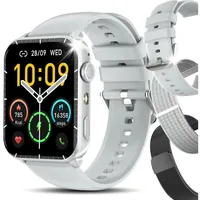 IOWODO Smartwatch Damen Herren 1,91" HD Touch, mit LED Lampe& Bluetooth Anruf Smartwatch, 3xRiemen (Metallarmband+Silikonarmband+Geflochtenesband) und Ladekabel, 5 Tage Akku,350 mAh,SpO2/HR/Schlaf,App-Fitnesskurse,Schrittzähler,IP68 silberfarben