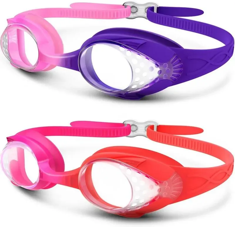 OutdoorMaster Kinder-Schwimmbrillen, 2er-Pack – schnell verstellbares Band, Pink/Lila und Pink/Rot