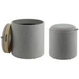 EGLO Living 2er Set Hocker mit Stauraum Mashike, Sitzhocker mit Ablage, runde Couch Beistellhocker, Pouf aus Textil in Grau und Holz-Funier in Eiche, Ø 39 cm