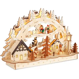 Brubaker 3D Lichterbogen - LED Schwibbogen - Dorf in verschneiter Winterlandschaft - Weihnachtsbeleuchtung aus Holz Natur - 27 x 45 x 12 cm - Handbemalte Weihnachtsdeko für Tisch & Fensterbank
