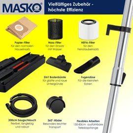 Masko MASKO® Industriestaubsauger Staubsauger Nass Trocken Sauger Edelstahl 2300W + Steckdose Blasfunktion Trocken-Saugen & Nass-Saugen Push&Clean Industrie-Sauger mit | ohne Beutel beutellos