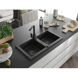 Mexen Mario 2-Becken-Granitspüle mit Mischbatterie Rita, Schwarz/Silbermetallic - 6504-73-670300-70-B