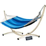 Potenza Outdoor Hängematte mit Gestell für 2 Personen I Stabhängematte XXL 220x160, 200kg I Verzinkter Hängemattengestell 220kg Wetterfest (Blau, Gestell Ecru)