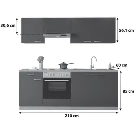 Respekta Küchenzeile Gerda 210 cm E-Geräte Edelstahlkochmulde grau/buche nachbildung