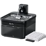 DownyPaws 2.5L Trinkbrunnen für Katze Kabellos, Katzenbrunnen Kabellos mit Bewegungsmelder und Batteriebetrieben, 4000mAh, Leise Wasserpumpe, Tablett aus Edelstahl für Katze, Schwarz mit 6 Filters