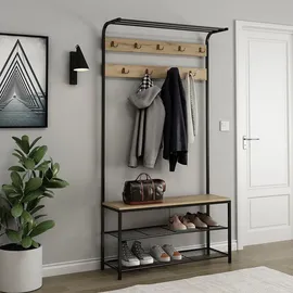 Vicco Garderobe Fyrk, 100 x 190 cm, Eiche Schwarz, Ablage, Bank & Kleiderhaken,