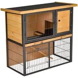 PawHut Hasenstall 2 Ebenen Kaninchenstall aus Vollholz Doppelstockhaus mit verschließbarer Tür 89,5 x 45 x 81 cm Kaninchenkäfig Kleintierstall für Hasen Kaninchen Hasenkäfig für Outdoor Hellgelb