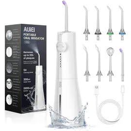 auiei Munddusche, tragbar, Wasserfloss, Munddusche 5 Modi und 8 Düsen, Tank 300 ml, USB aufgeladen, wasserdicht IPX7, geeignet für empfindliches Zahnfleisch (weiß)