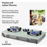 Klarstein Barzona Gaskochfeld, 3-Brenner Edelstahl & Glas, 8,45kW, Tragbarer Campingkocher mit Piezo-Zündung & Flammenausfallsicherung, Komplettset mit