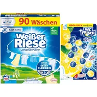 Weißer Riese Universal Pulver (50 Waschladungen), Vollwaschmittel wirkt riesig stark gegen Flecken, Kalt-Aktiv schon ab 20° C + WC Frisch Kraft Aktiv Duftspüler Lemon (1x200g)