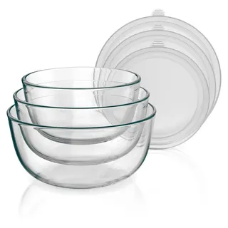 Arendo Salatschüssel 3er Set mit Deckel, Glasschüssel 0,7L / 1,1L / 1,5L, Glas Rührschüssel, Glas, (3er Set, 3-tlg), Glasschale, BPA-frei, Spülmaschinen und Mikrowellen geeignet weiß