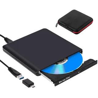 Externes Blu Ray Laufwerk, Aluminium Bluray Brenner Extern, USB 3.0 Externer CD DVD Blue Ray Player mit Tasche, Ultra Slim Tragbar BD Externe Blu-ray Laufwerke für Mac PC MacBook Laptop Windows 11/10