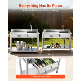 Vevor Spültisch Spülbecken Edelstahl (120 x 50 x 94 cm), Einzelbecken mit Wasserhahn & Schublade, Küchenspüle für Garage Restaurant Wäscherei, Waschtisch Außenspüle mit Arbeitsplatte (links)
