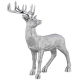 Kleine stehende XXL Kunststein Deko Hirsch Figur - silbern glänzende Jagdfigur mit Geweih - Silberglanz Weihnachts-Deko zum Hinstellen Höhe 47 cm