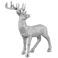 Kleine stehende XXL Kunststein Deko Hirsch Figur - silbern glänzende Jagtfigur mit Geweih - Silberglanz Weihnachts-Deko zum Hinstellen Höhe 47 cm