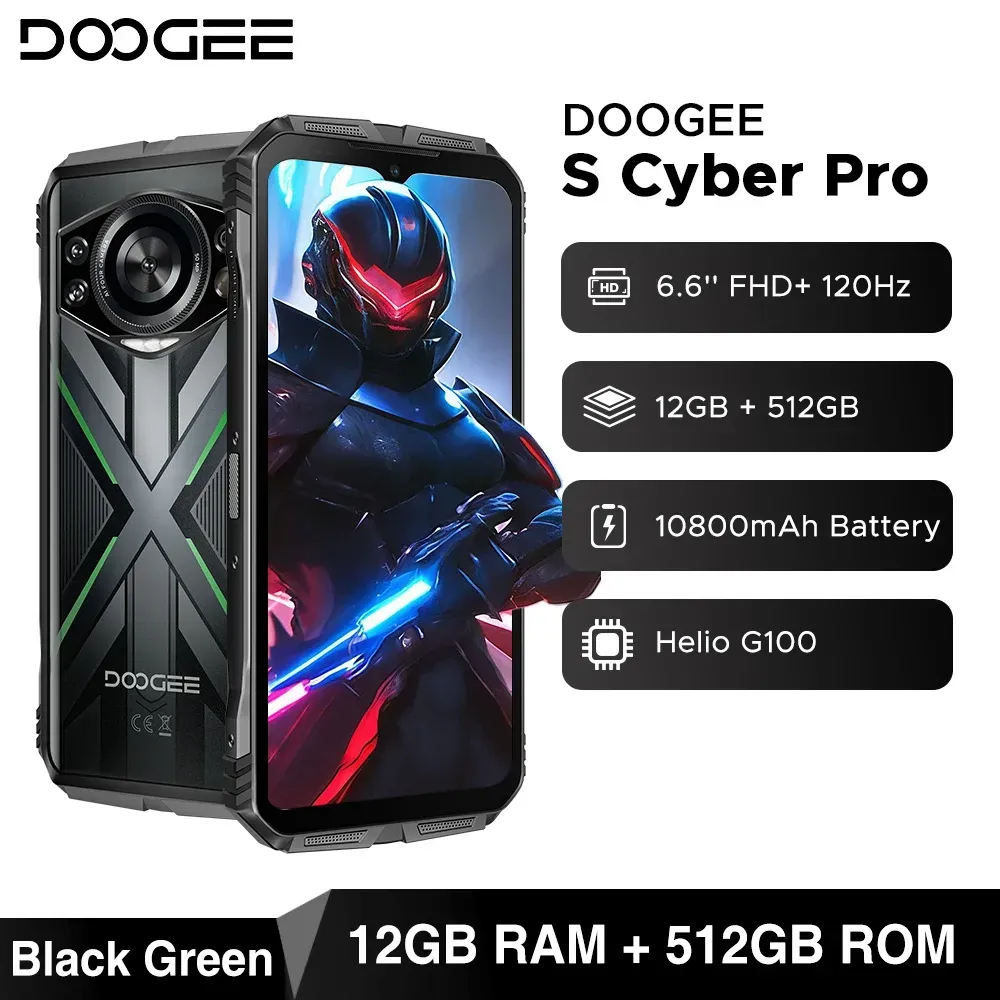 Robustes Doogee S Cyber Pro-Telefon Helio G100 6,6'' FHD+ 120 Hz Ips 12 GB 512 GB 10800 mAh Akku 33 W Ladung NFC-Smartphones NFC
