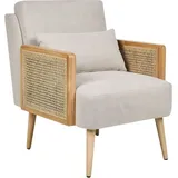 Sessel Hellbeige Stoff und Rattan mit Holzbeinen Wiener-Geflecht Armlehnen Kissen Modern Klassisch Wohnzimmer Flur Ausstattung Sitzmöbel