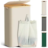 YOUDENOVA Wäschekorb mit Deckel 48L Wäschesammler schmal mit Wäschesack faltbarer Wäschesortierer Holz Bambus Wäschetruhe hoch Laundry Baskets, Beige