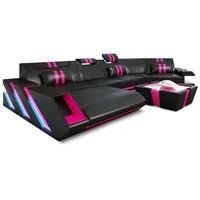 Sofa Dreams Wohnlandschaft, Schwarz, Pink, Leder, Ottomane rechts,Freiform, 420x78x190 cm, Wohnzimmer, Sofas & Couches, Wohnlandschaften, Wohnlandschaften in U-Form