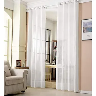 Woltu Gardinen transparent mit Ösen Leinenoptik Vorhang Ösenvorhang Halbtransparent Stores Voile Fensterschal Leinenvorhang für Wohnzimmer