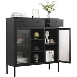 Mein-Regal Highboard Paris Schwarz aus Metall mit Glastüren