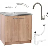 Stamar | Küchenschrank, mit Spüle, 80 cm, eiche Sonoma, mit Armatur - Bronze