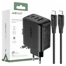 ACEFAST 2in1 65w Wandladegerät 2x Pd, Usb-c (typ-c) 1x Usb Qc 3.0 Anschluss Handy-ladegerät Schnell-ladegerät Schwarz