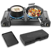 ACROSSPART Camping Gaskocher 2-Flammig, Campingkocher mit Piezozündung und Sicherheitsschloss, Doppelgaskocher mit Grillschale & Aufbewahrungskoffer für Outdoor BBQ, Camping