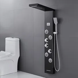 keokbon Duschpaneel Regendusche Edelstahl Schwarz mit LED-Lichter,5 Funktionen Duschsystem mit Handbrause, Massagedusche und Wasserfall Dusche