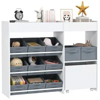 aiyaplay Kinderregal Spielzeugregal mit 11 Stoffboxen, oberen Fächern, 3 Stickern, Kinder Bücherregal mit Schränkfach für Kinderzimmer, Kindergarten, 105 x 30 x 80 cm, Weiß
