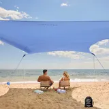 WEKAPO Strandzelt Sonnenschutz – 2.9x3.4 m Strandüberdachung mit 4 verlängerten Stangen, großen Sandsäcken und Schaufel, 2.8 m hoch, Wandern, UPF 50+ Schutz