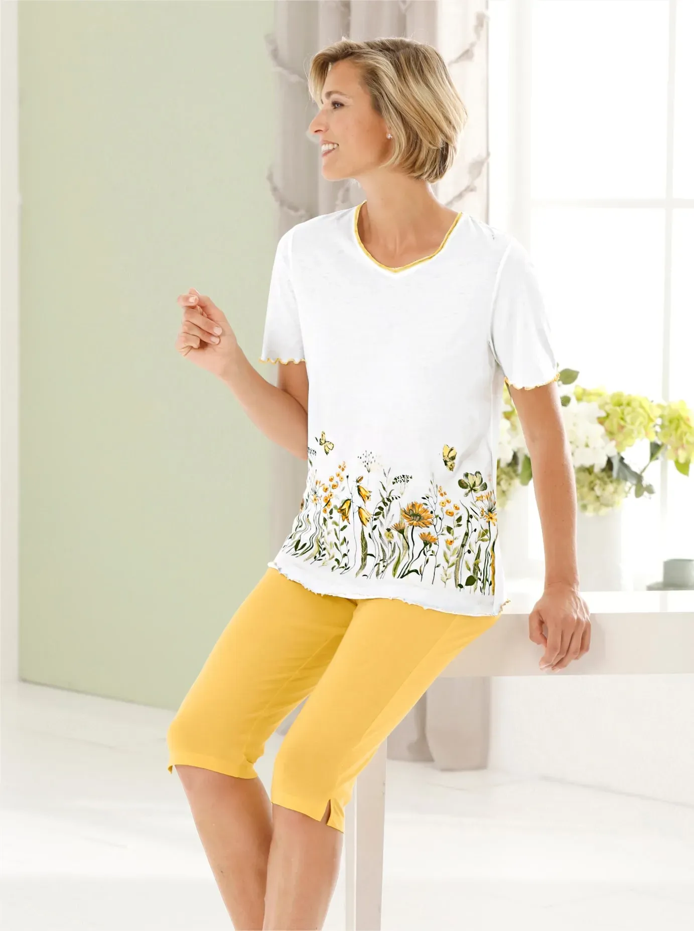 Capri-Pyjama WÄSCHEPUR Gr. 36/38, gelb (weiß, gelb) Damen Homewear-Sets Pyjamas