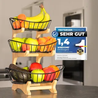Wiedone Obstkorb Etagere auf 3 Etagen aus Holz, Obstschale, Design Obst Etagere Küche, Brotkorb und Servierkorb für die stilvolle Aufbewahrung auf der Arbeitsplatte, Obst Aufbewahrung, Farbe schwarz