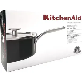 KitchenAid Steel Core Enamel Stielkasserolle mit Deckel (18cm/2l), deutsche Emaille, Induktionsgeeignet, backofenfest, spülmaschinenfest, Onyx Schwarz