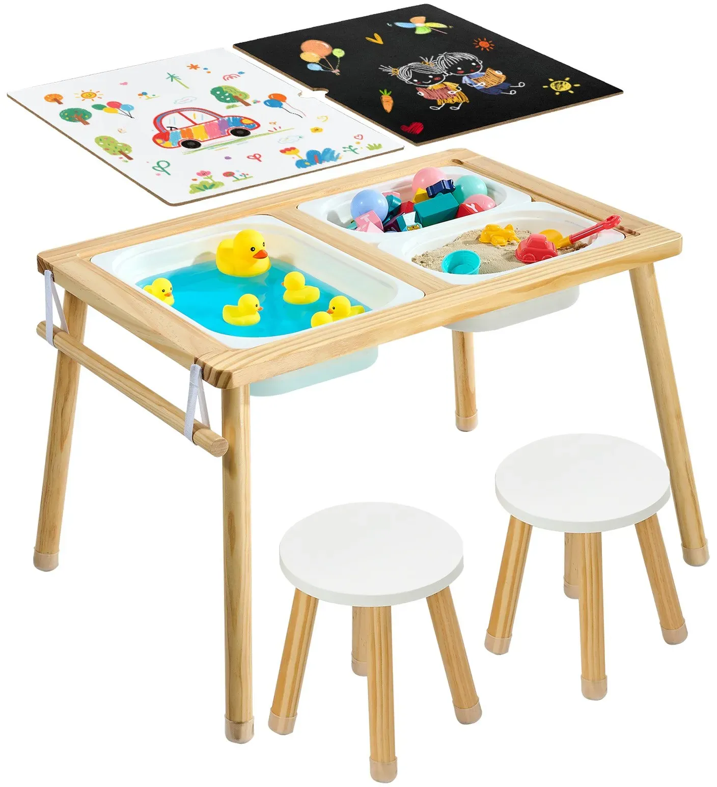 VEVOR Sensorischer Tisch, 7-in-1 Aktivitätstisch mit 2 Hockern, Doppelseitiger Spielfläche, Aufbewahrungsboxen & Rutschfesten Füßen, Spiel-Sand- & Wassertisch, für Kinder im Alter von 3-6 Jahren