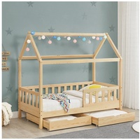 Juskys Kinderbett Marli 90 x 200 cm mit Matratze, Bettkasten, Gitter, Lattenrost & Dach - Bett Natur