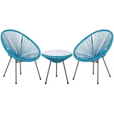 Beliani Balkonset Blau Polyrattan Beistelltisch mit 2 Stühlen Spaghetti-Optik Modern Mexikanischer Stil Outdoor Balkon Terrasse Garten Möbel - Gr.: onesize