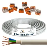 NYM-J 5x1,5 mm2 15m Mantelleitung Installationskabel mit 10 Stück WAGO Klemmen M130