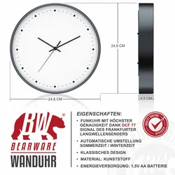 BEARWARE Wanduhr rund mit 24 cm Durchmesser Analoge Anzeige - DCF-Signal - Batteriebetrieb