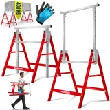 MASKO® Teleskop-Arbeitsbock Untergestell 1-er Set | Klappbock max. Belastbarkeit 200 kg | Unterstellbock höhenverstellbar Min. / max. Arbeitshöhe 800-1300 mm | Gerüstbock inkl. Handschuhe | Rot