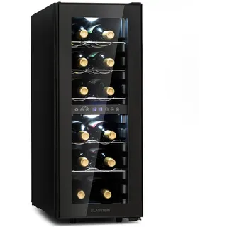 Klarstein Shiraz 12 Duo Weinkühlschrank Freistehend, Kleiner Getränkekühlschrank Schmal, 2 Zonen Weinkühlschrank mit Glastür, Indoor/Outdoor Beersafe, Kühlschrank Klein mit UV-Schutz, 5-18°C, Flaschen