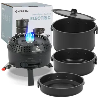 enfrifam Campingkocher Set mit Topf und Pfannen, 2 in1 Elektro & Gaskocher Outdoor Kochgeschirr, Tragbar Reisekocher Aluminium.Kombiniere 700W Elektrische 2200W Gas, 1 flammig, für 2-4 Personen , für Picknick Backpacking Camping Wandern