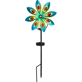 GLOBO Gartendeko Windrad LED Solarlampe Terrassenlampe bunt Außenlampe Erdspieß, Metall kupferfarben, Bruchglas, Warmweiß, Lxh 20x50 cm