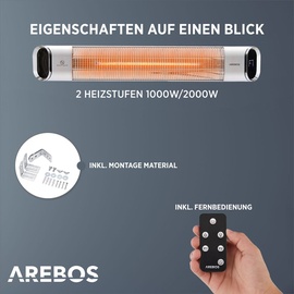Arebos Infrarot Heizstrahler 2000 W, mit Fernbedienung 2 Heizstufen, 60° Neigung, inkl. Montagematerial, Terrassenheizer, Deckenstrahler, Silber - Silber