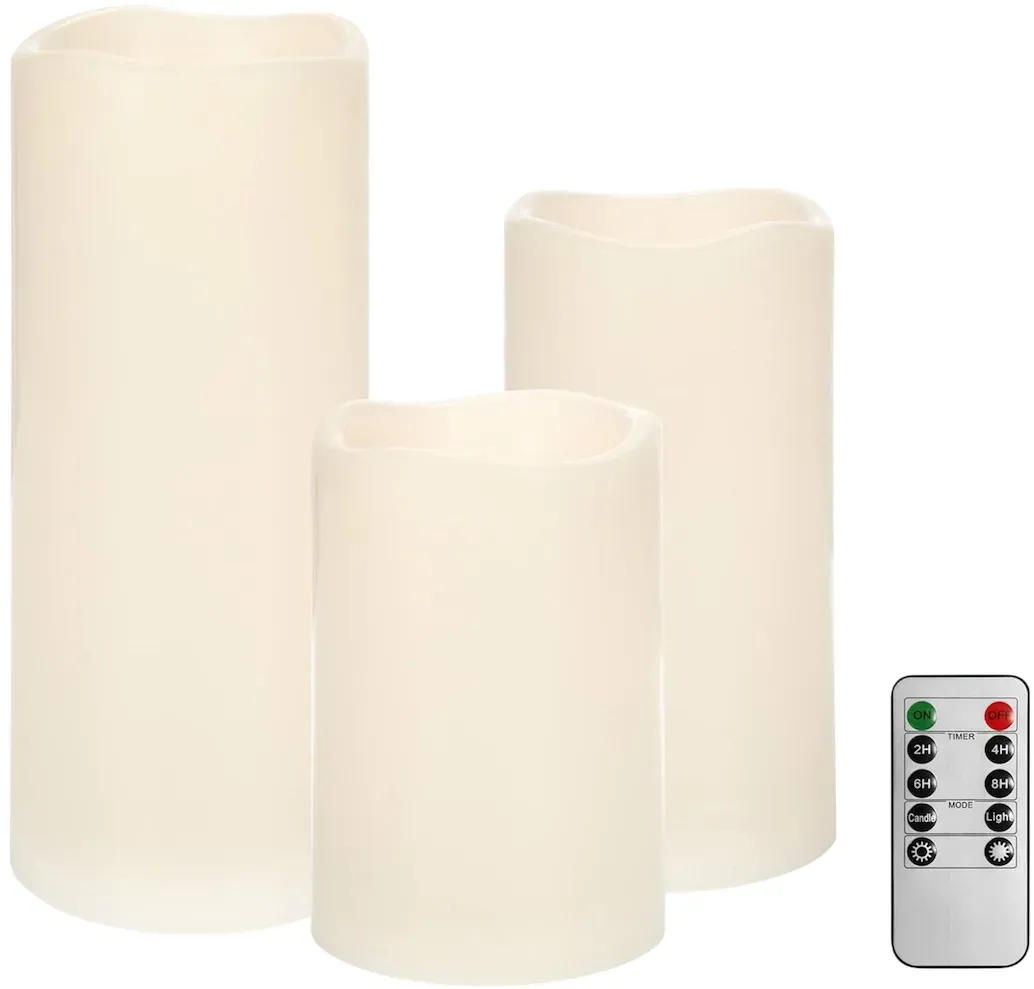 WellHome - 3er Set LED Kerzen in verschiedenen Größen und Flackerlicht mit Fernbedienung in Elfenbeinfarbe