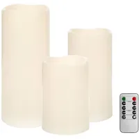 WellHome - 3er Set LED Kerzen in verschiedenen Größen und Flackerlicht mit Fernbedienung in Elfenbeinfarbe