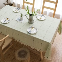 Pahajim Tischdecke Quaste Baumwolle Leinen Elegante Tischdecke waschbare Küchentischabdeckung für Speisetisch (Gitter Grün, Rechteckig/Oval, 140 x 200 cm, 4-6 sitzes)